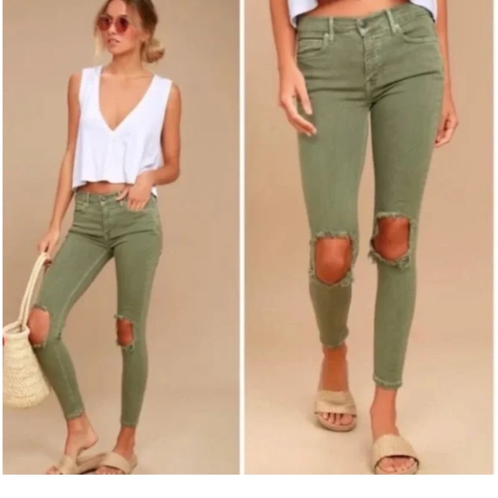 Free People High Rise Busted Olive Green Distressed Skinny Jeans